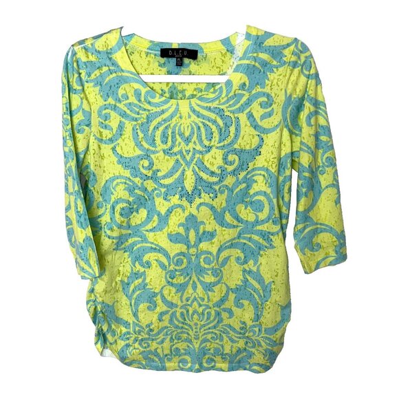 B.L.E.U. - Women's PL Tunic Yellow Blue Brocade Print Burnout with Blue Sparkles - Picture 5 of 12